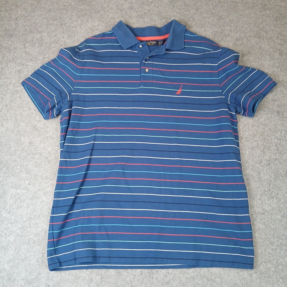 Nautica Polo Shirt Mens Large Blue Striped Short Sleeve Cotton‎ Blend Pique